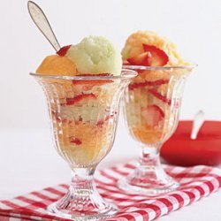 Two-Melon Freeze with Strawberry Sauce