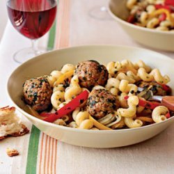 Pasta with Sausage Meatballs, Peppers, and Onions