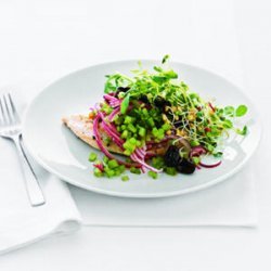 Chicken Paillard with Black Olive and Sprout Salad