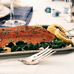 Spice-Rubbed Roasted Salmon with Lemon-Garlic Spinach