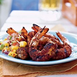 Jerk Shrimp with Grilled Onion, Avocado, and Mango Salsa