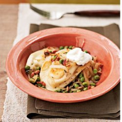 Pierogies with Bacon, Sauteed Onion, and Sour Cream