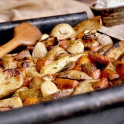 Roasted Potatoes, Parsnips, and Carrots with Horseradish Sauce