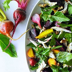 Chicken Salad with Roasted Beets and Dandelion Greens