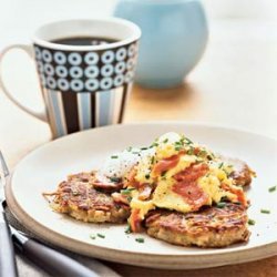 Creamy Smoked Salmon-Scrambled Eggs over Asiago Potato Pancakes