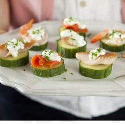 Seafood (salmon, trout, shrimp or crab) Cucumber Stacks with Lemon Cream and Chives