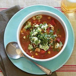 Chili-Spiced Chicken Soup with Stoplight Peppers and Avocado Relish