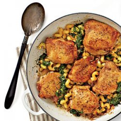 Crispy Chicken Thighs with Pasta and Pesto