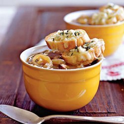 Caramelized Onion and Shiitake Soup with Gruyère–Blue Cheese Toasts