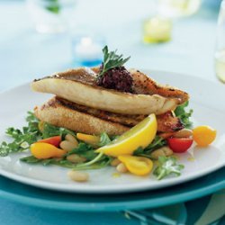 Red Snapper Fillets on Garlic Toasts with Arugula White-bean Salad