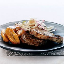 Jerk Pork Chops with Hearts of Palm Salad and Sweet Plantains