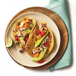 Shredded Chicken Tacos with Tomatoes and Grilled Corn