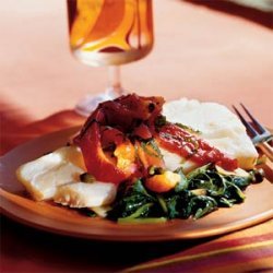 Poached Cod with Roasted Peppers, Capers, and Spinach