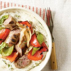 Grilled Peppers and Sausage with Cheese Grits