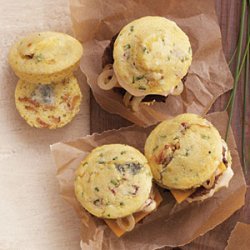 Bacon and Gorgonzola Cornbread Sliders with Chipotle Mayo