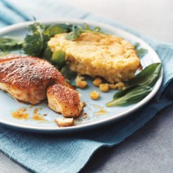 Blackened Striped Bass with Corn Spoon Bread and Greens