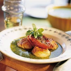 Seared Scallops in Mint Broth with Peas and Roasted Tomatoes