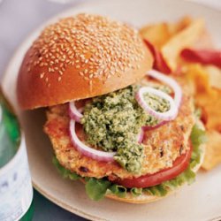 Wasabi Salmon Burgers with Edamame-Cilantro Pesto