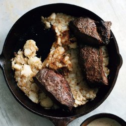 Flatiron Steaks with Creamy Juniper Sauce with Hash Browns