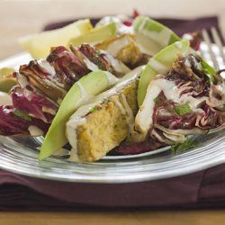 Grilled Marinated Tempeh Steak with Avocado, Radicchio, Orange Dressing, and Tahini