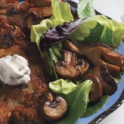 Porcini Mushroom Latkes with Mushroom Salad and Chive  Cream 