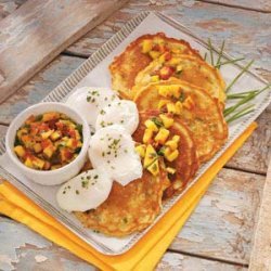 Corn Cakes with Poached Eggs and Mango Salsa