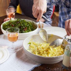 Wonky Summer Pasta, Herby Salad, Pear Drop Tartlets